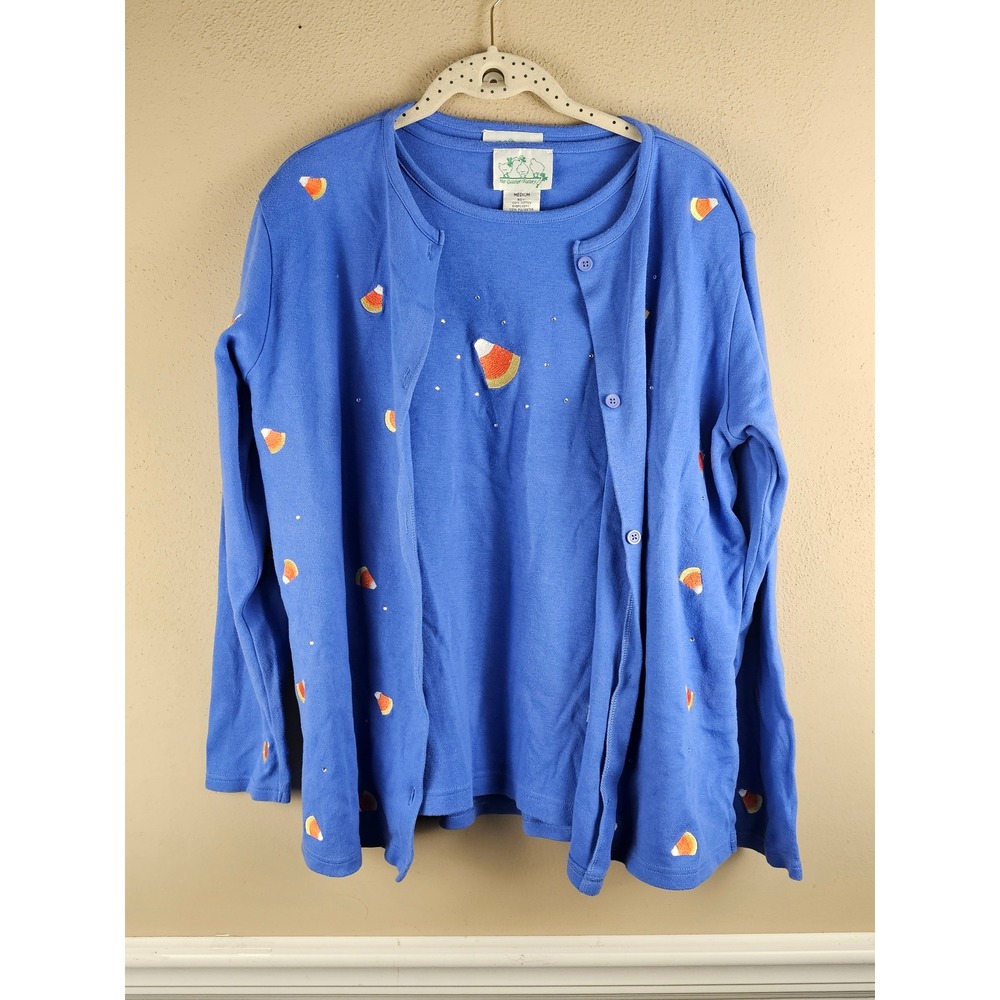 Vintage Quacker Factory Purple Embroidered Candy Corn Halloween Top & Cardigan M